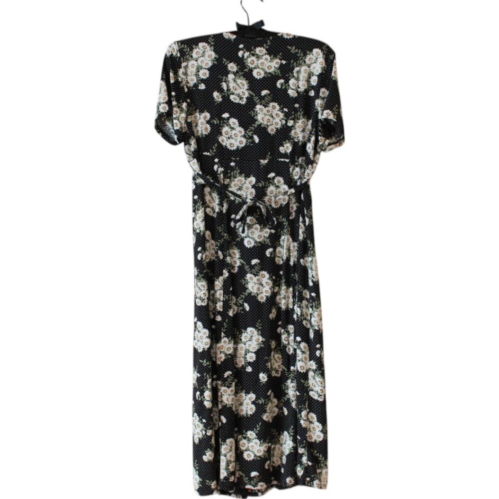 Vintage Black Maxi Dress with White Floral Print and Green Leaves - Picture 6 of 8